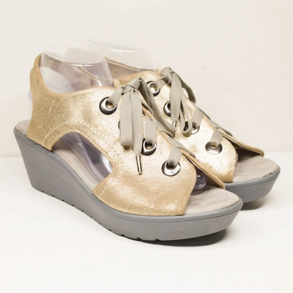 STEVEN BY STEVE MADDEN Bambi Lace Up‎ Wedge Sandal Gold Sz 10